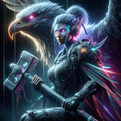 The primary subject of the image is a woman dressed in a futuristic outfit, holding a large hammer. She is standing in front of a bird, which is also a part of the scene. The setting appears to be a futuristic environment, possibly a digital art or illustration. The colors in the image are predominantly purple and blue, creating a futuristic and mysterious atmosphere.